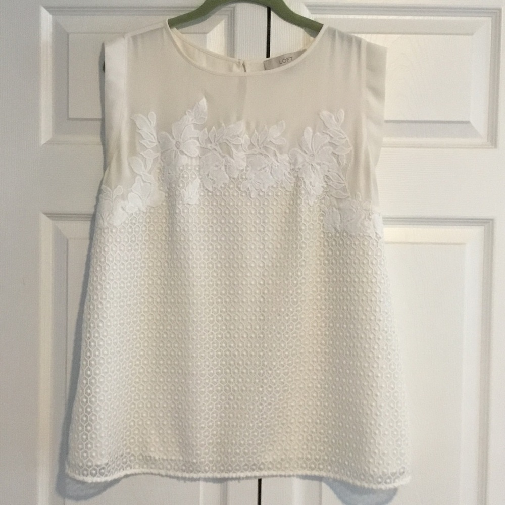 LOFT White Floral Embroidered Blouse